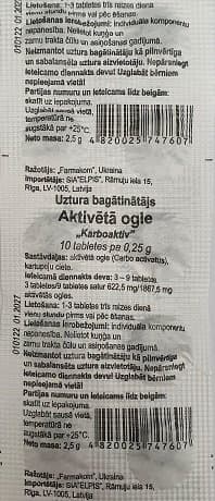 Aktivētā ogle. Iepakojumā 10 tabletes pa 0.25 g