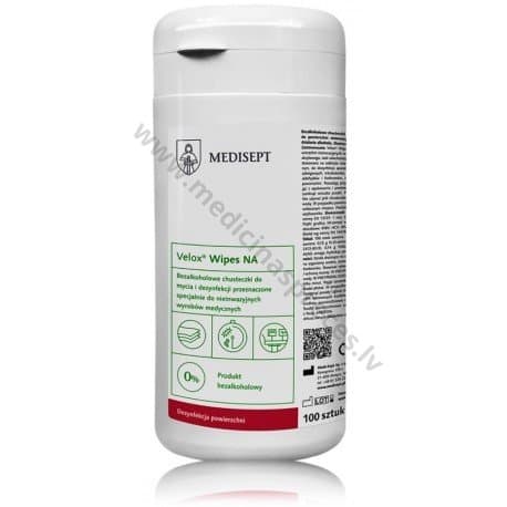 Velox Wipes NA spirtu nesaturošas salvetes neinvazīvo medicīnisko ierīču ar jutīgām virsmām dezinfekcijai. Iepakojumā 100 salvetes.