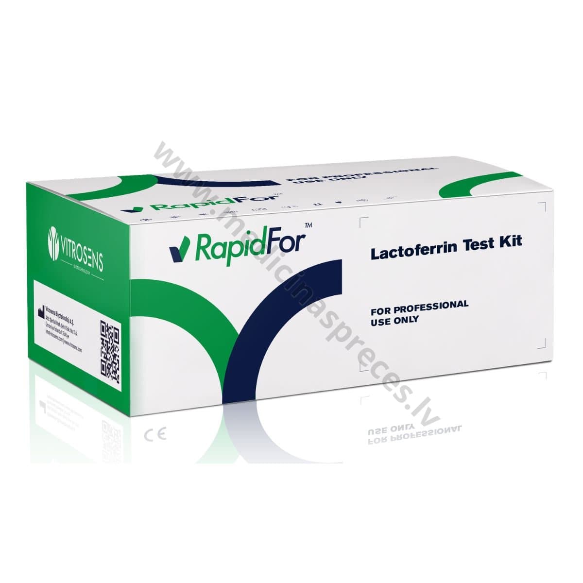 Lactoferrin Test Kit (laktoferīna eeksprestests). Iepakojumā 20 testa kasetes