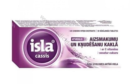 Isla Cassis ar dabisku upeņu ekstraktu un C vitamīnu. Iepakojumā 30 sūkājamas tabletes