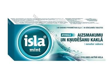 Isla Mint ar dabisku piparmētras eļļu. Iepakojumā 30 sūkājamas tabletes