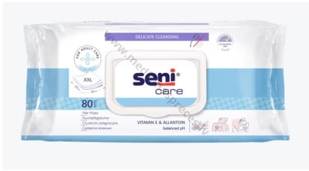 Seni Care Mitrās salvetes. Iepakojumā 80 salvetes.