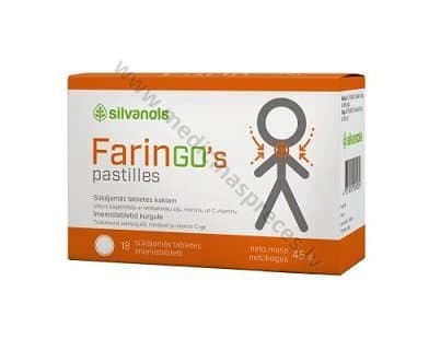 FarinGos pastilles. Iepakojumā 18 sūkājamās tabletes.