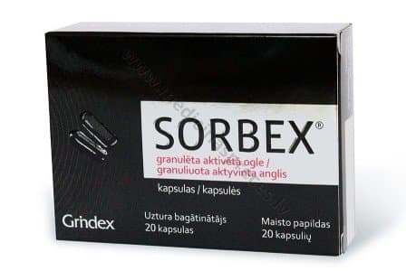 SORBEX granulēta aktivētā ogle. Iepakojumā 20 kapsulas