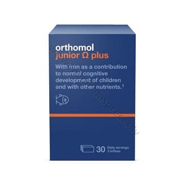 Orthomol Junior Omega plus. Iepakojumā 30 dienu devas. Vienas dienas deva satur 3 īrisa konfektes (15 g).