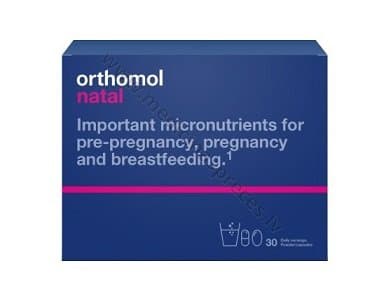 Orthomol Natal. Iepakojumā 30 dienu devas: vienas dienas deva satur 14 g pulvera un 3 kapsulas (1,6 g).