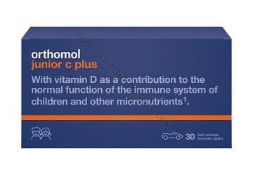 ORTHOMOL JUNIOR C PLUS ar mandarīnu/apelsīnu garšu. Iepakojumā 30 dienu devas.
