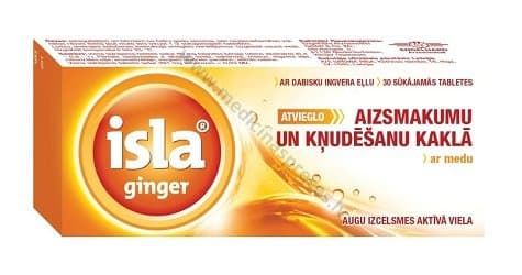 ISLA Ginger ar medu. Iepakojumā 30 sūkājamās tabletes