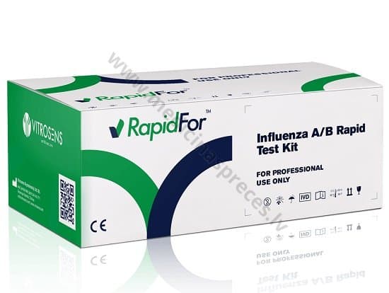 Influenza A/B Rapid Test Kit (A un B tipu gripas vīrusu eksprestests). Iepakojumā 25 testa kasetes.