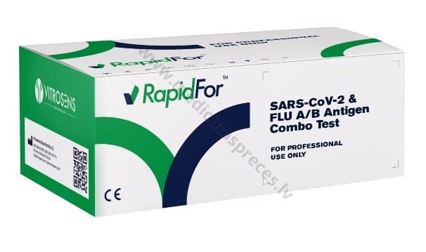 SARS-CoV-2, FLU A/B Antigen Combo Test Kit (SARS-CoV-2, A un B tipu gripas vīrusu eksprestests). Iepakojumā 25 testa kasetes.