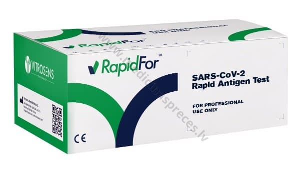 SARS-CoV-2 Rapid Antigen Test Kit (Koronavīrusa SARS-CoV-2 eksprestests). Iepakojumā 25 testa kasetes.