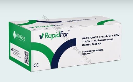 SARS-CoV-2 + FLUA/B + RSV + ADV + M. Pneumoniae Combo Test Kit. (SARS-CoV-2, A un B tipu gripas vīrusu, respiratori sincitiālā vīrusa (RSV), adenovīrusa un M.pneumoniae antigēnu noteikšanai).