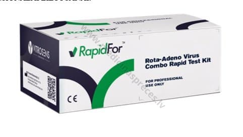 Rota-Adeno Virus Combo Rapid Test Kit (rota un adenovīrusa antigēna noteikšanai fekālajos paraugos). Iepakojumā 20 kasetes.