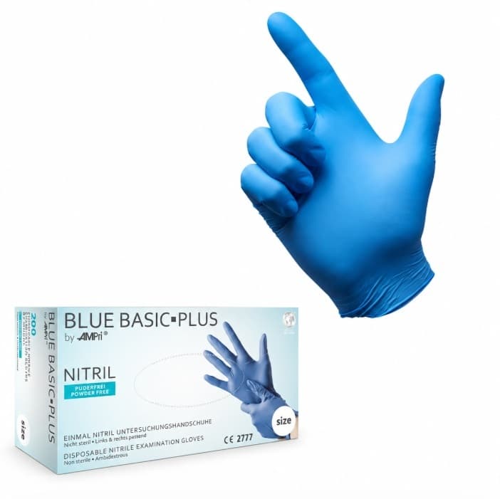 Cimdi nitrila BASIC-PLUS, S, nester, bez pūdera, zili/200